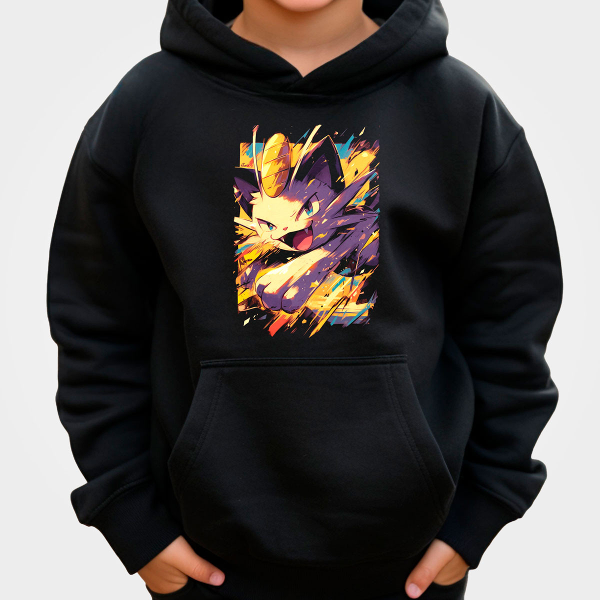 hoodie-anime-batalla-meowth-pokemon-negro
