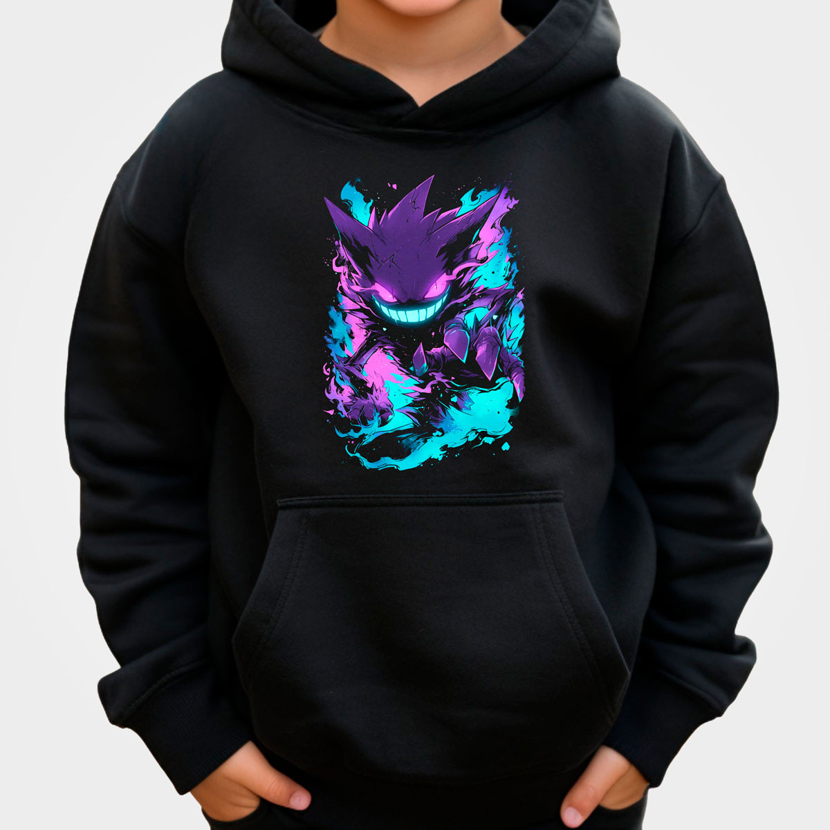 hoodie-anime-estampada-frontal-batalla-haunter-de-pokemon-cute-en-negro