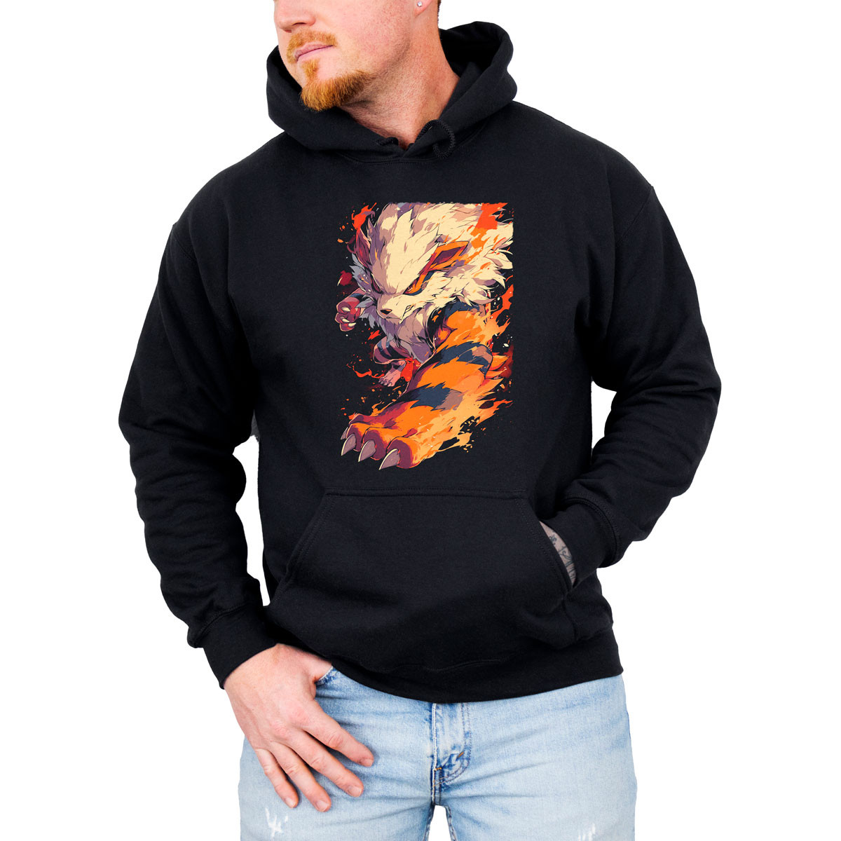 hoodie-anime-hombre-batalla-arcanine-fire-fang-pok-mon