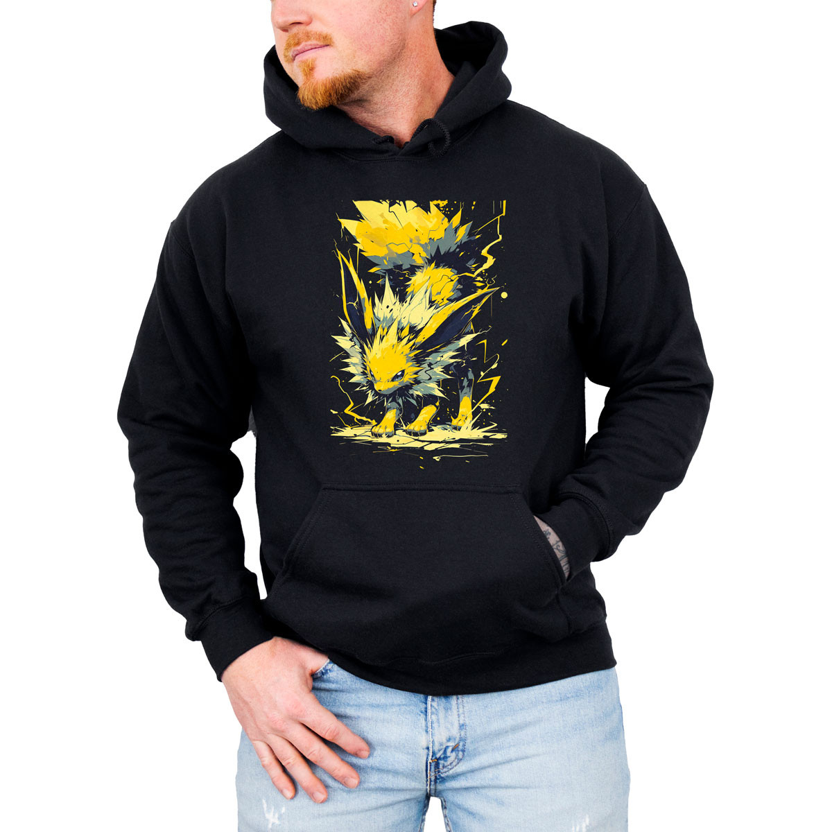 hoodie-anime-jolteon-atacando-en-batalla-con-estampado-frontal