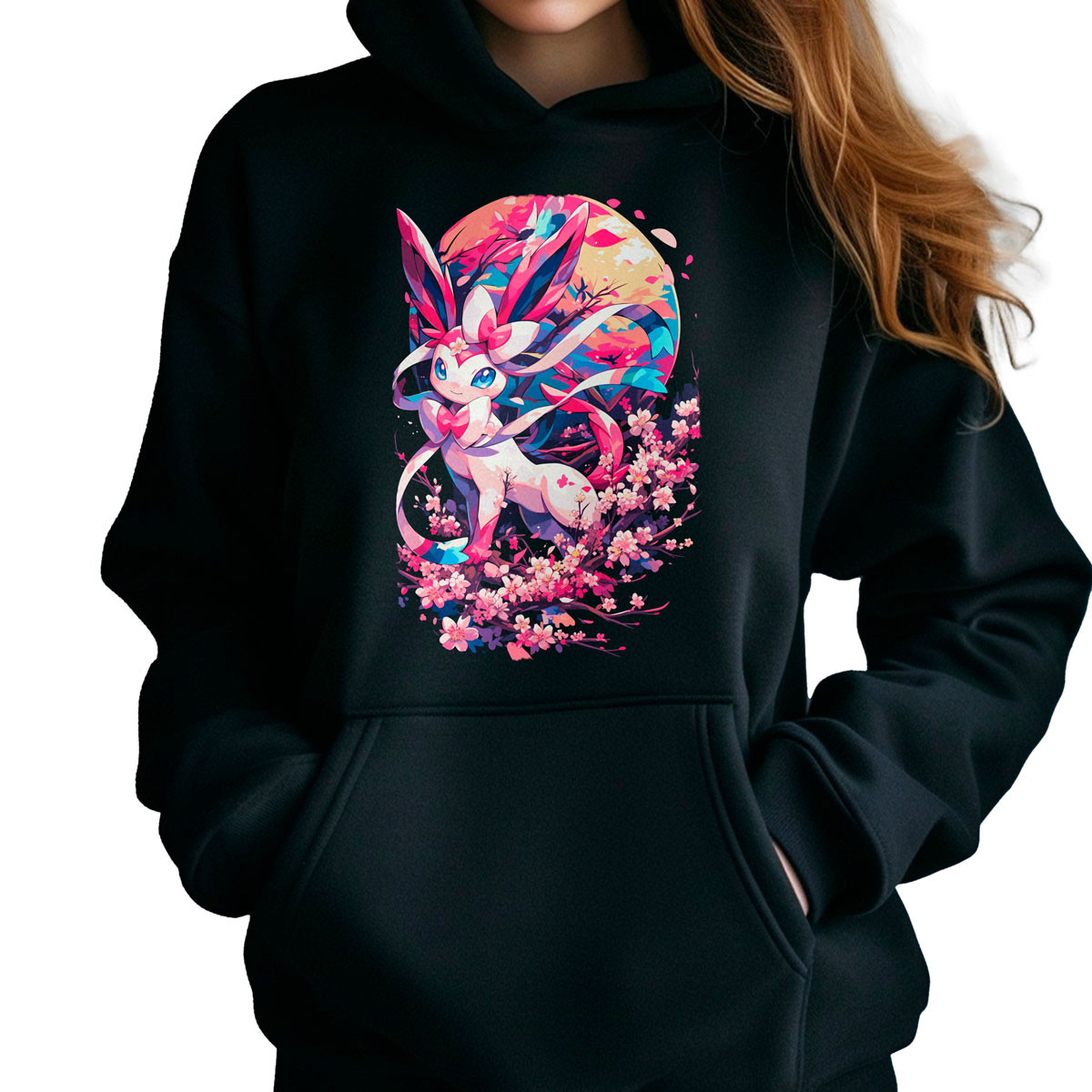 hoodie-anime-mujer-sylveon-batalla-con-flores-cerezo-pok-mon