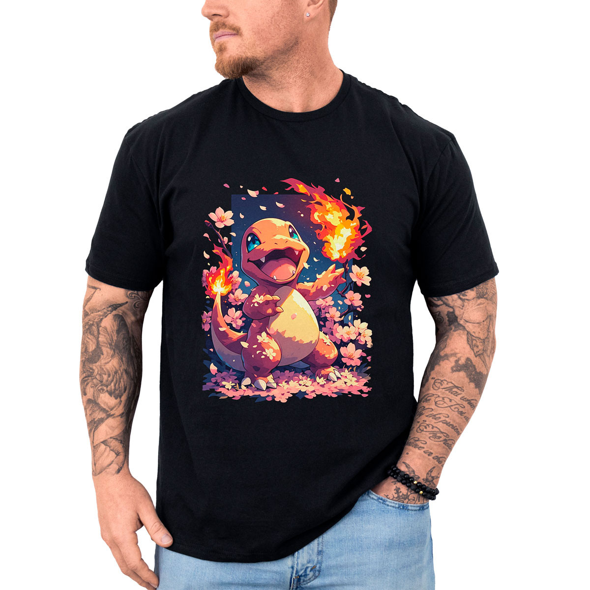 polera-anime-charmander-entre-flores-cerezo-gym