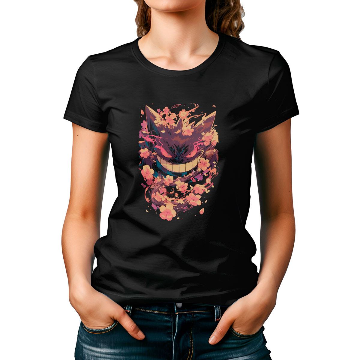 polera-gengar-en-batalla-con-flores-de-cerezo-animadas
