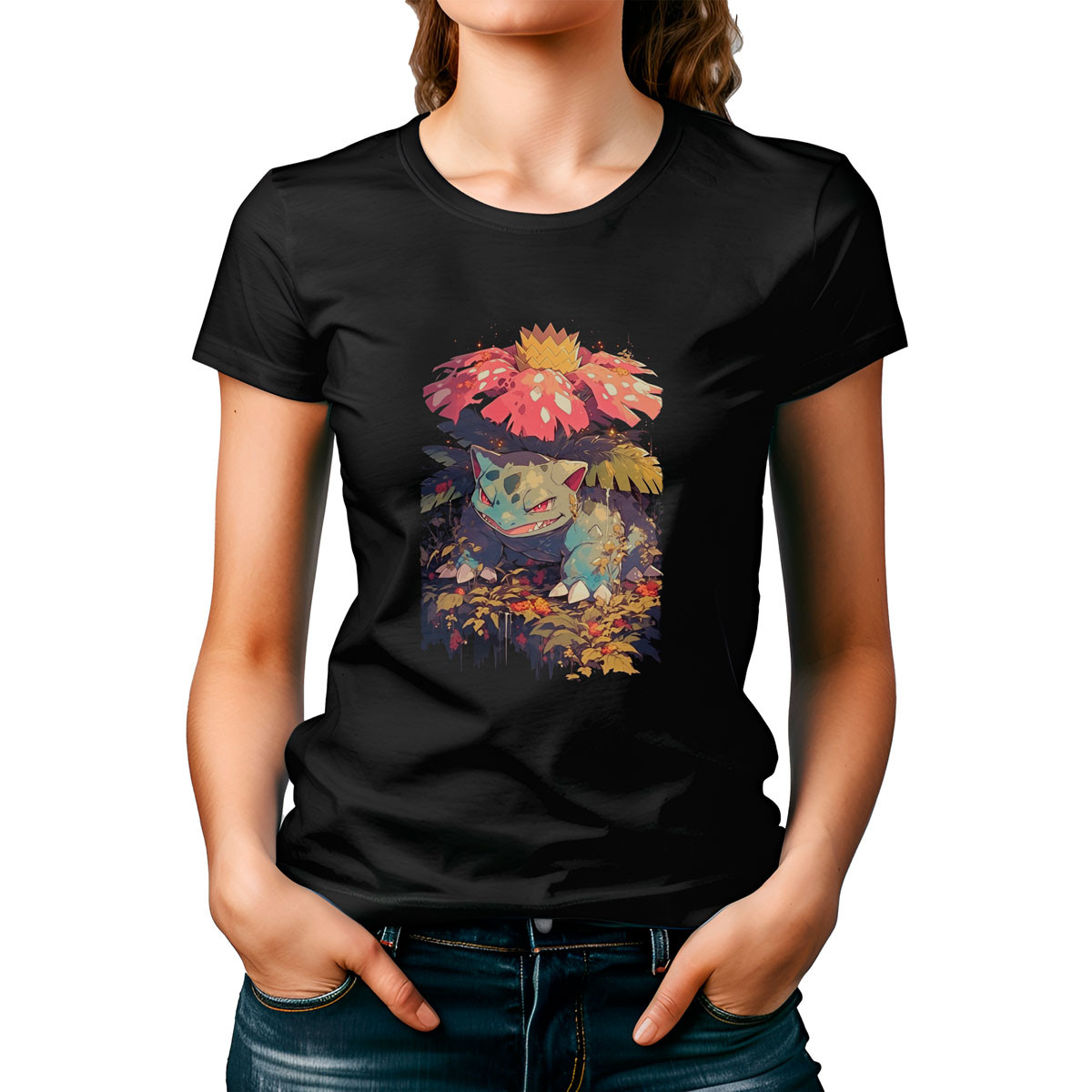 polera-mujer-estampado-venusaur-hoja-afilada