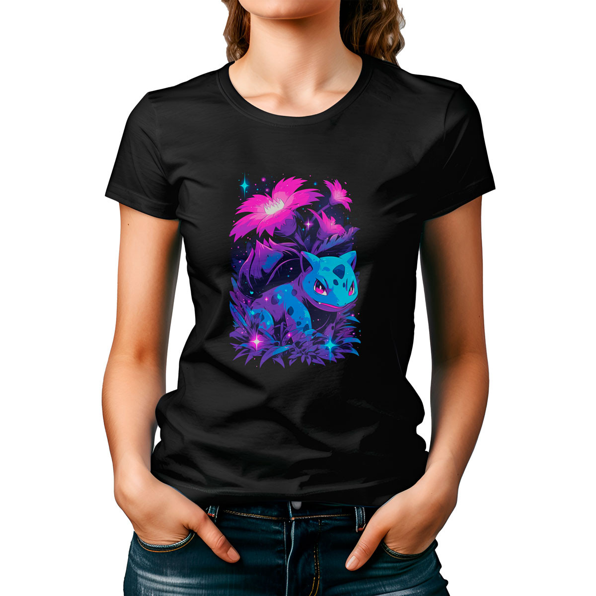 polera-mujer-negra-ivysaur-glow-anime-pok-mon