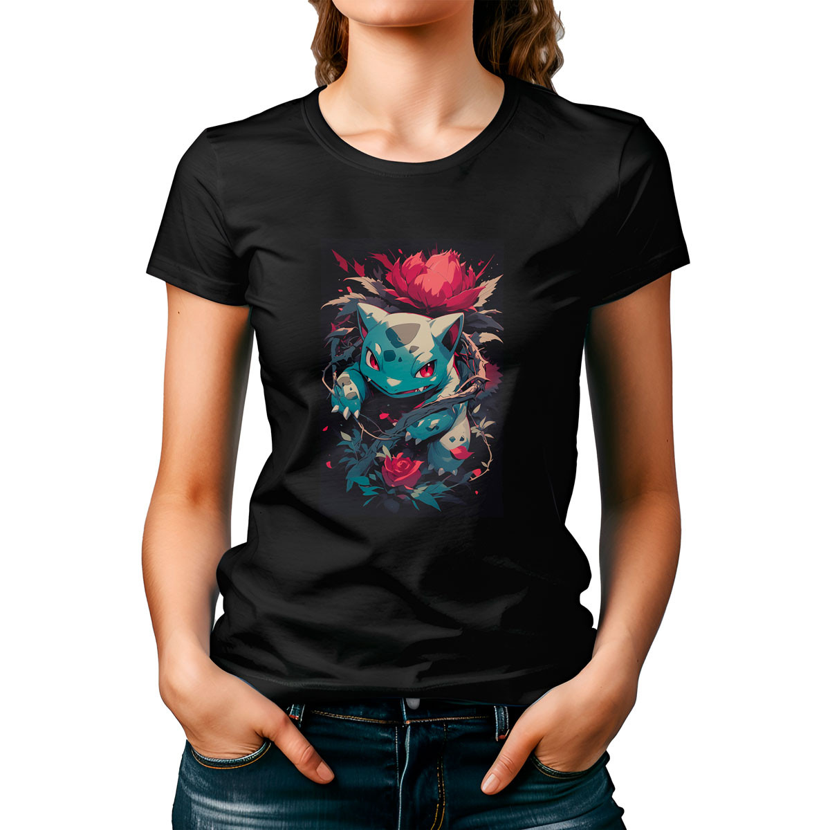 polera-mujer-negro-entrenador-polera-mujer-design-ivysaur-vine-whip