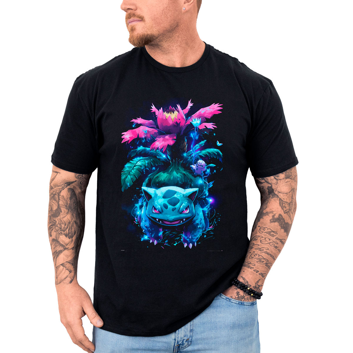 poleras-anime-negra-batalla-ivysaur-pokemon