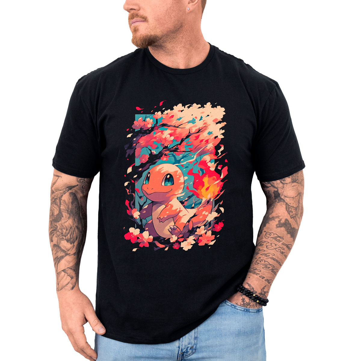 poleras-hombre-anime-charmander-en-flor-de-cerezo