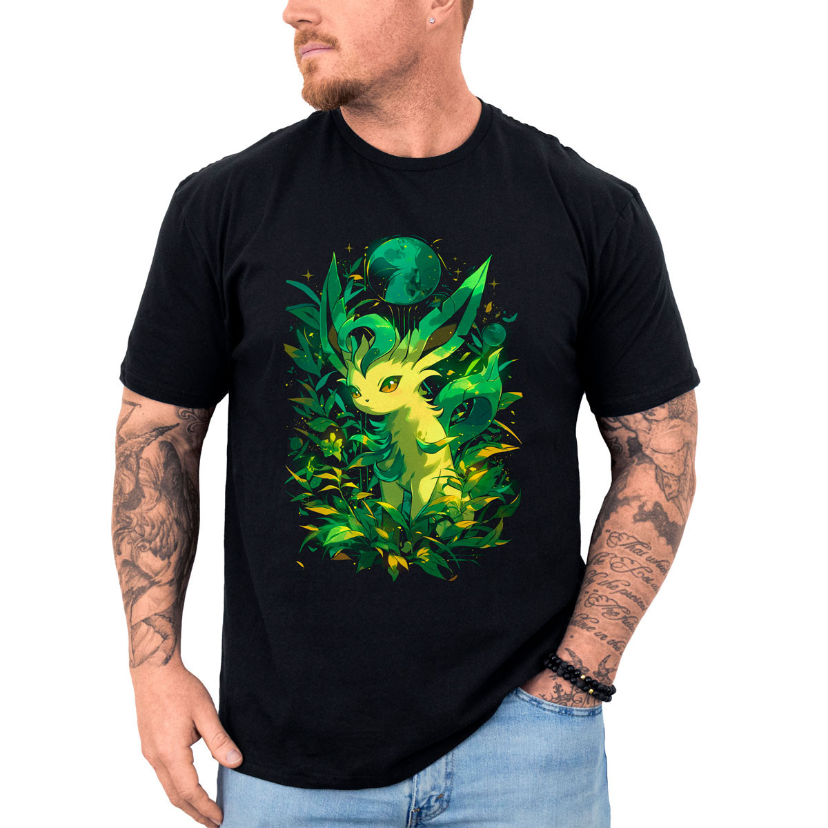 poleras-hombre-anime-estampada-frontal-leafeon-verde-floral