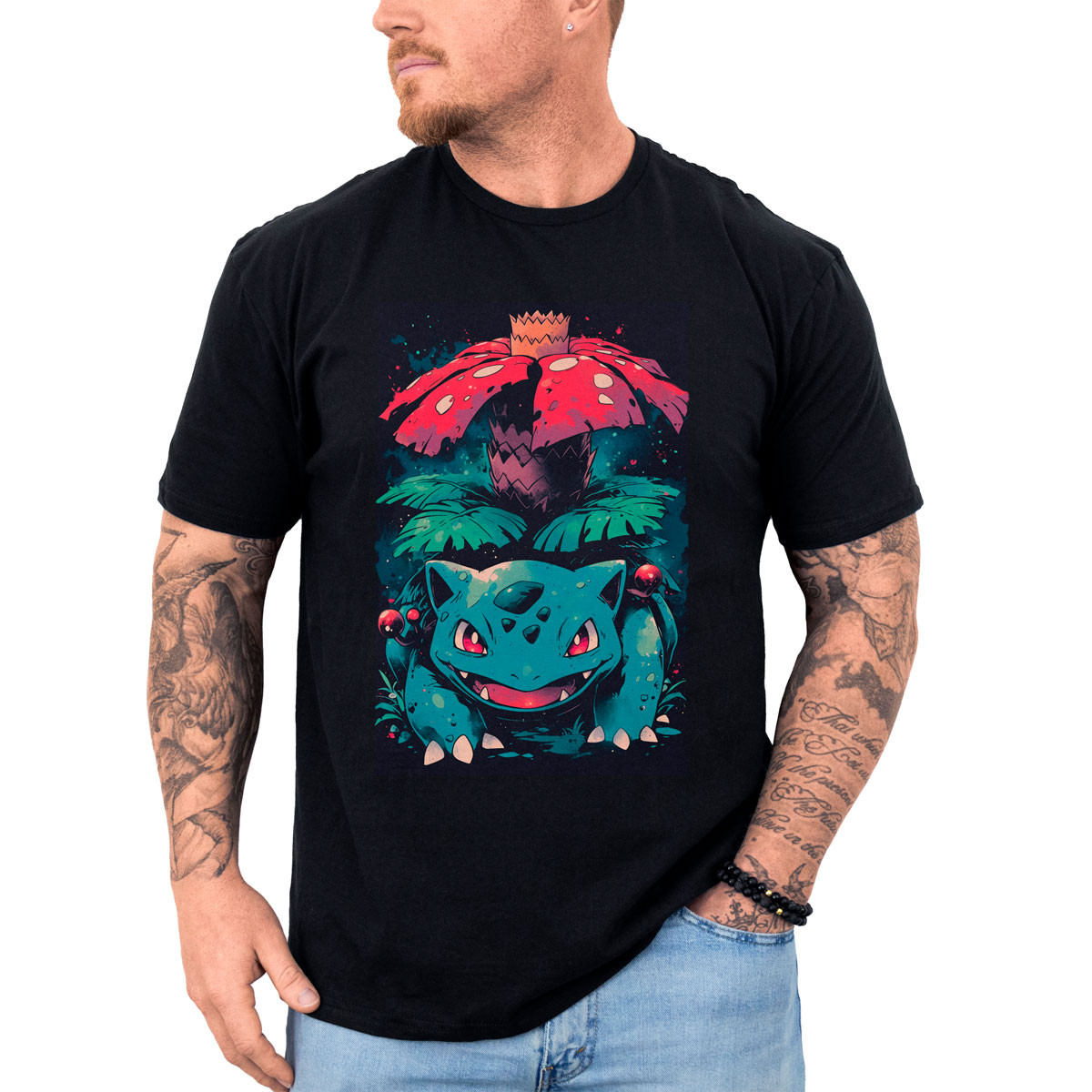 poleras-hombre-anime-venusaur-sketch-negro
