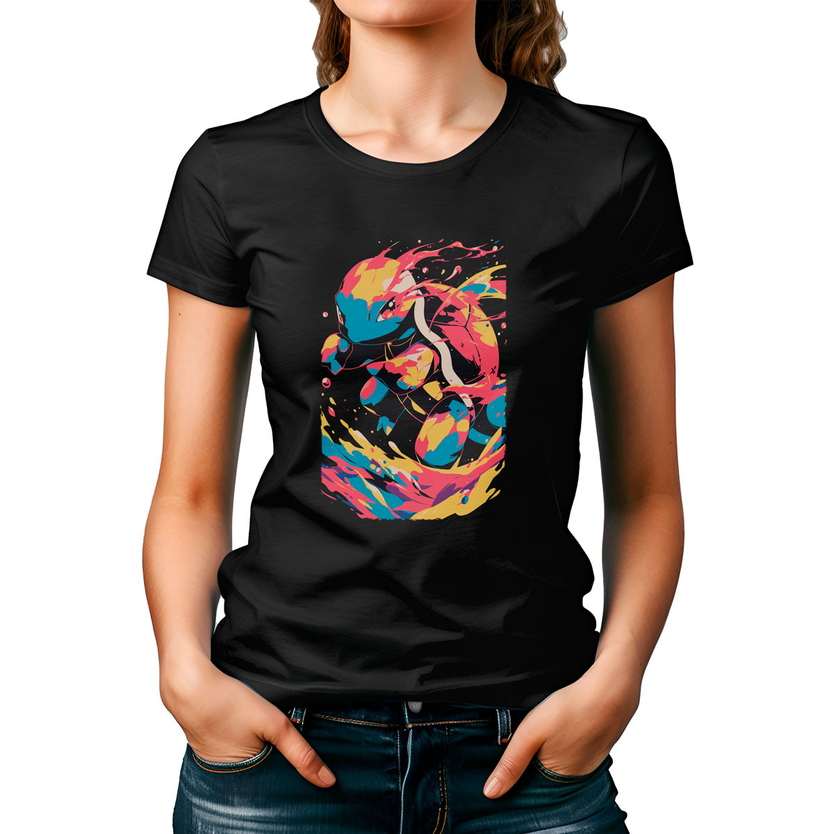 Poleras Mujer Negra Diseño Squirtle Tipo Agua Pokémon Anime B 03 - Unika