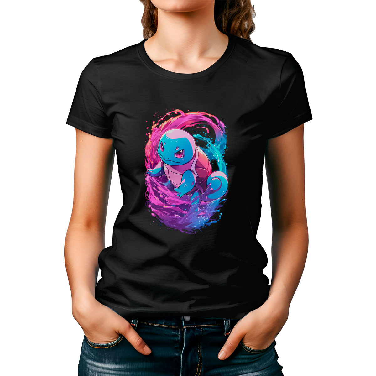 Poleras Mujer Negra Diseño Squirtle Tipo Agua Pokémon Anime B 03 - Unika