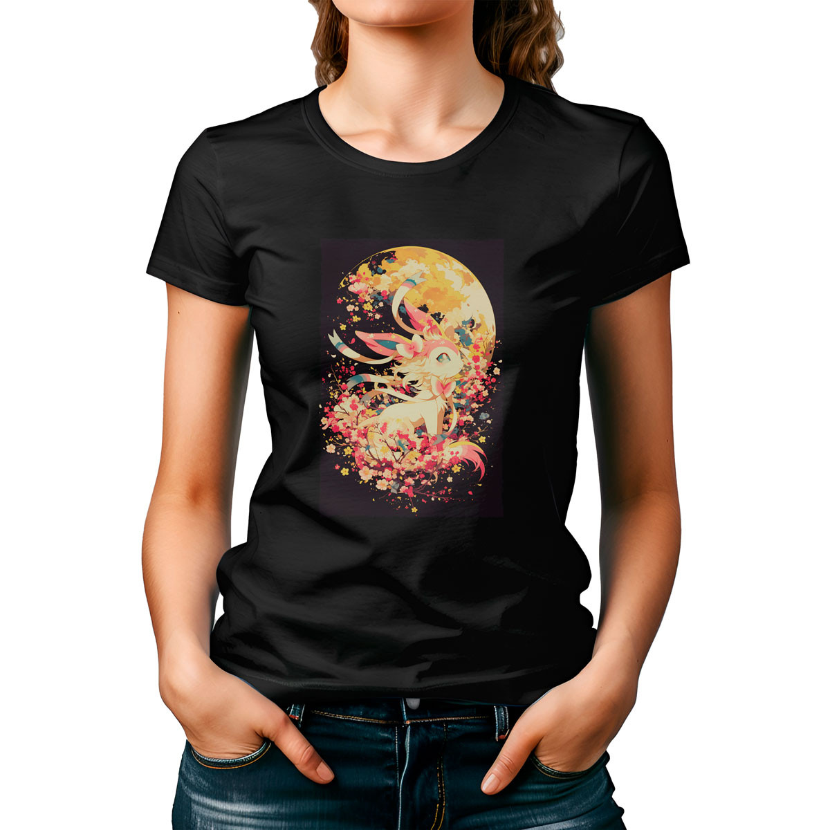 poleras-mujer-sylveon-negro-pok-mon-flores-rosadas