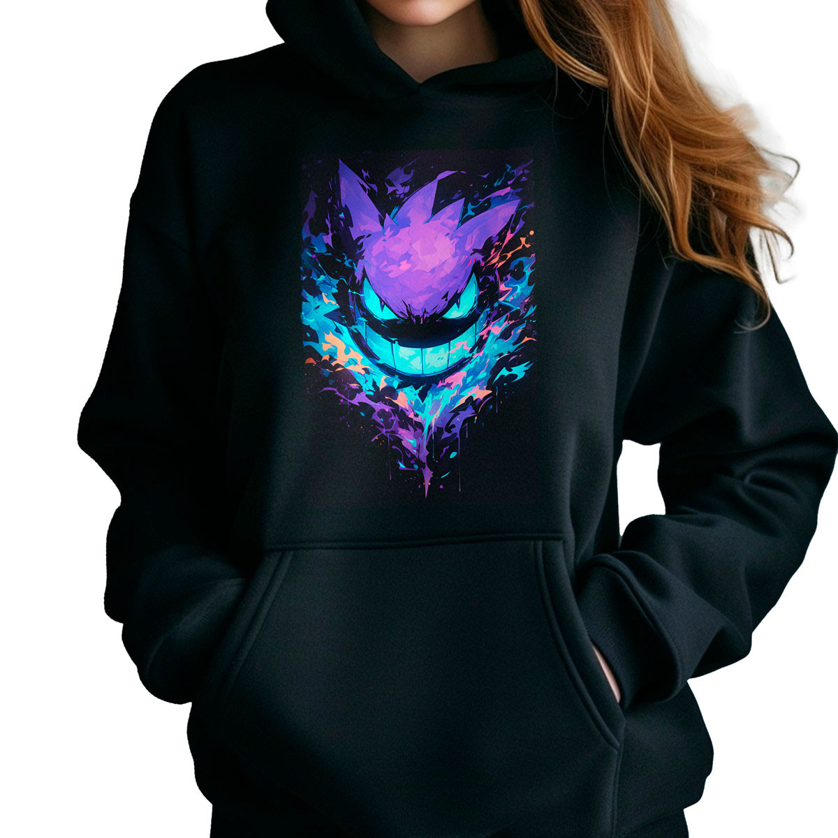 polerones-anime-mujer-con-dise-o-gastly-pokemon-en-fondo-negro