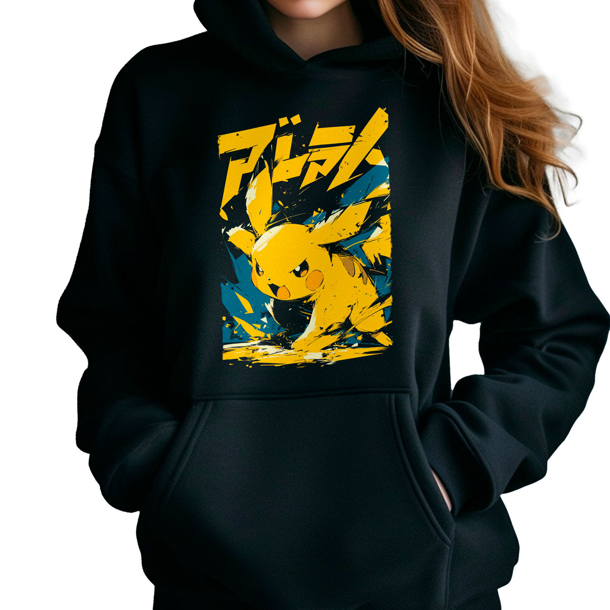polerones-anime-mujer-estampada-frontal-pikachu-anime-negro