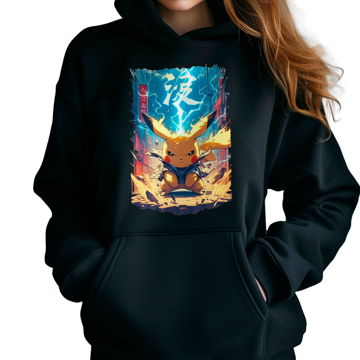 polerones-anime-mujer-pikachu-electric-negro-brillante
