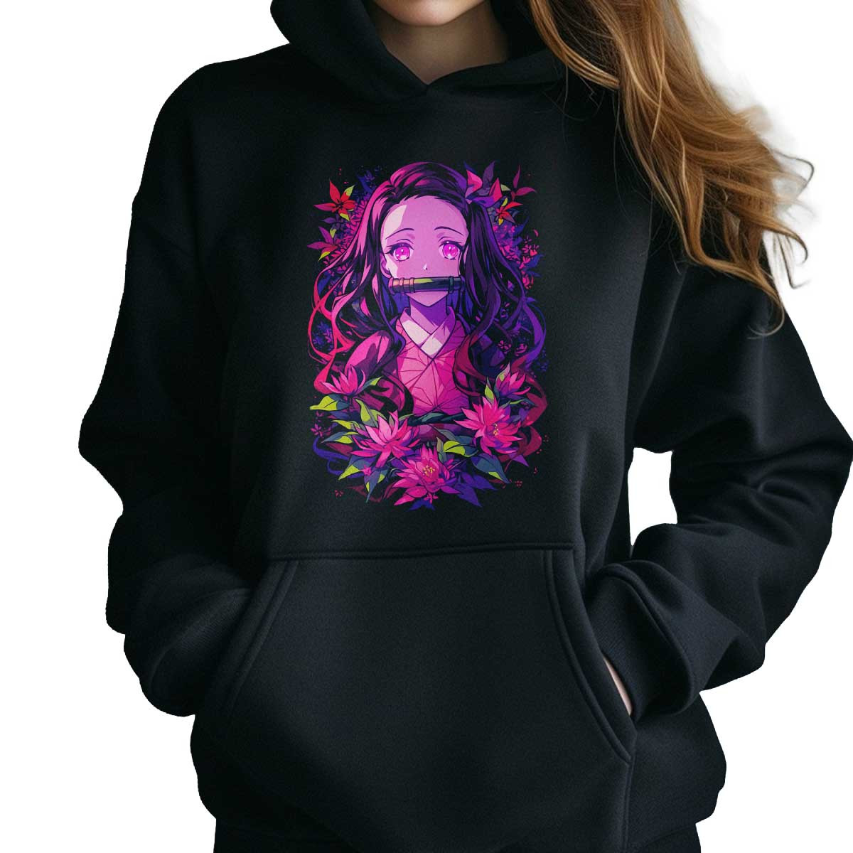 canguro-anime-mujer-enigmatico-nezuko-kamado-flores-rosadas