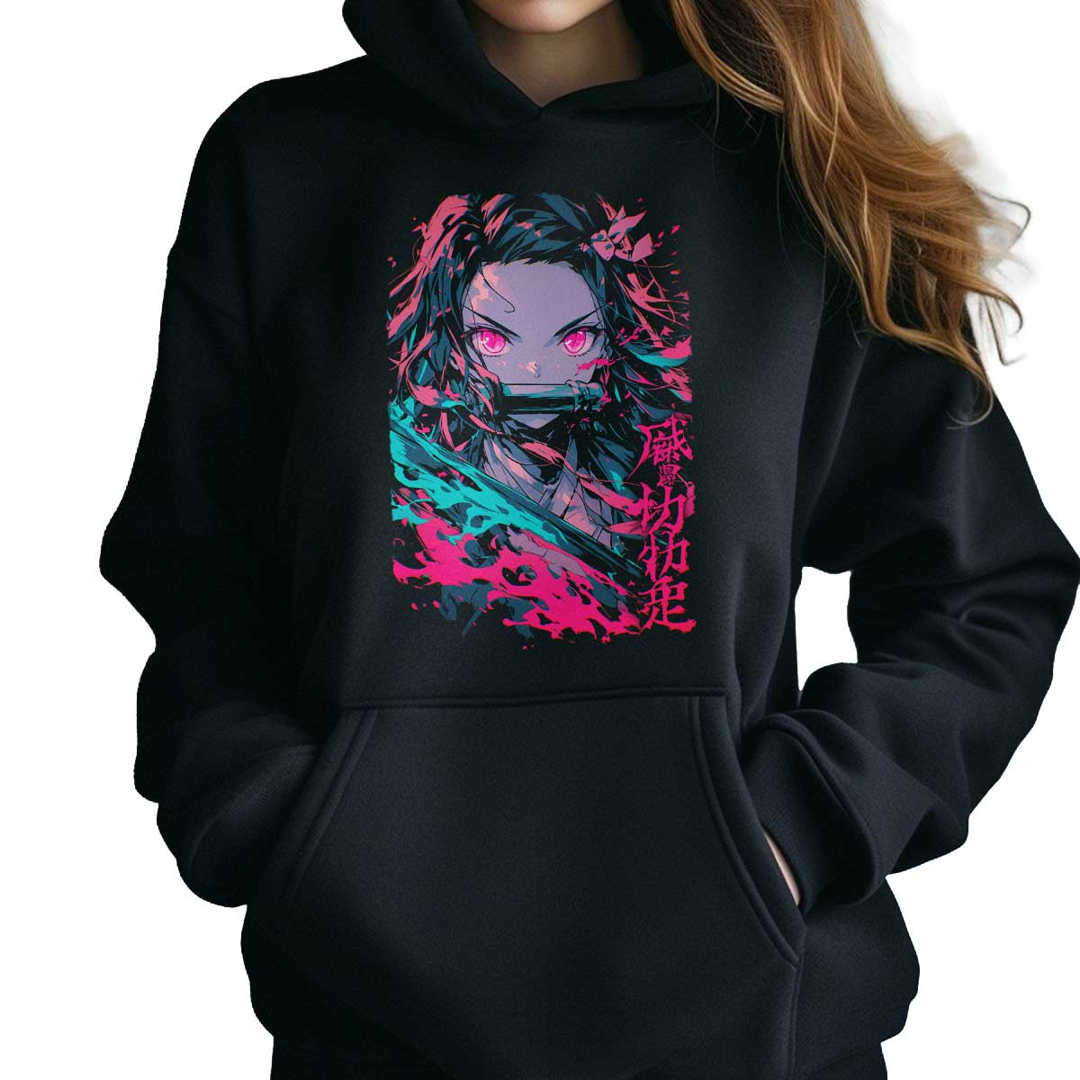 hoodie-anime-mujer-equilibrio-nezuko-kamado-pink-fire
