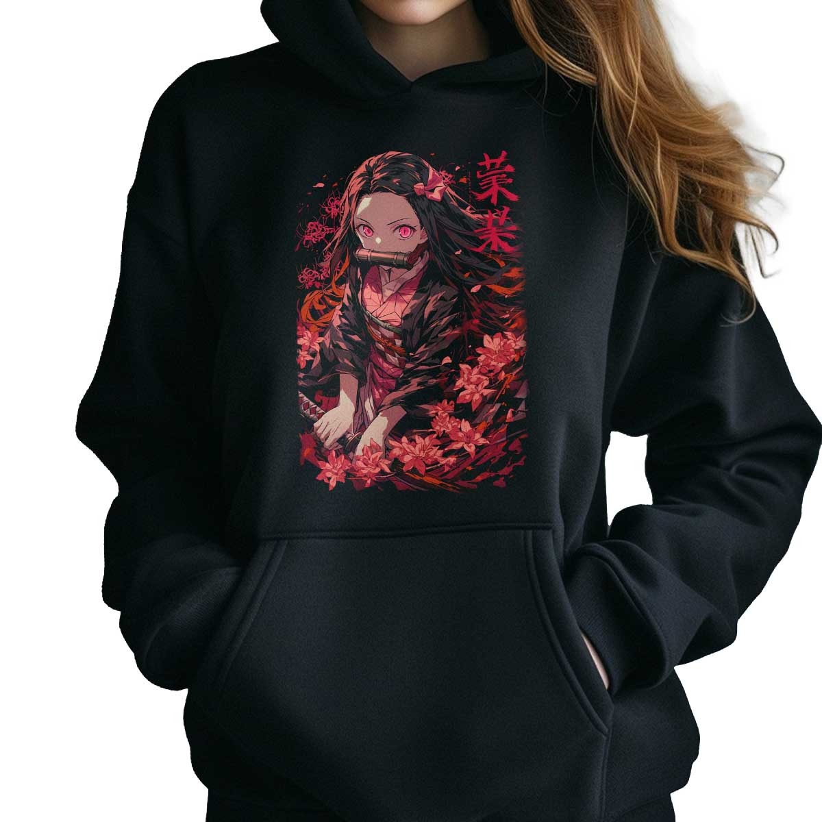hoodie-anime-mujer-estilo-nezuko-kamado-pink-flowers