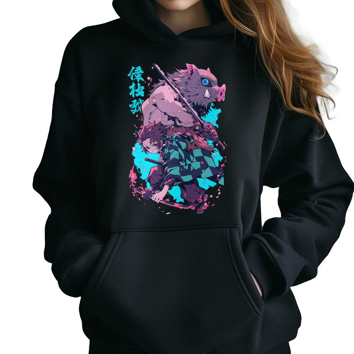 hoodie-anime-mujer-inosuke-hashibira-y-tanjiro-kamado
