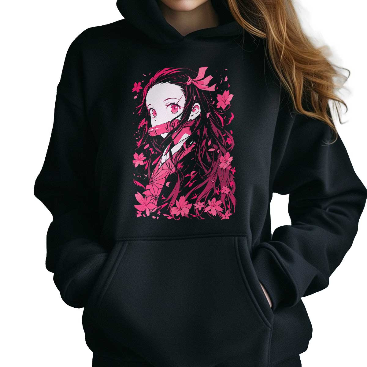 hoodie-anime-mujer-nezuko-kamado-flores-rosas