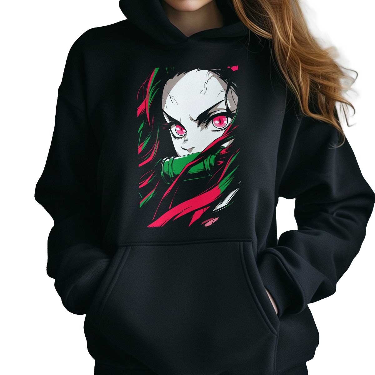 hoodie-anime-mujer-nezuko-kamado-mirada-intensa-closeup