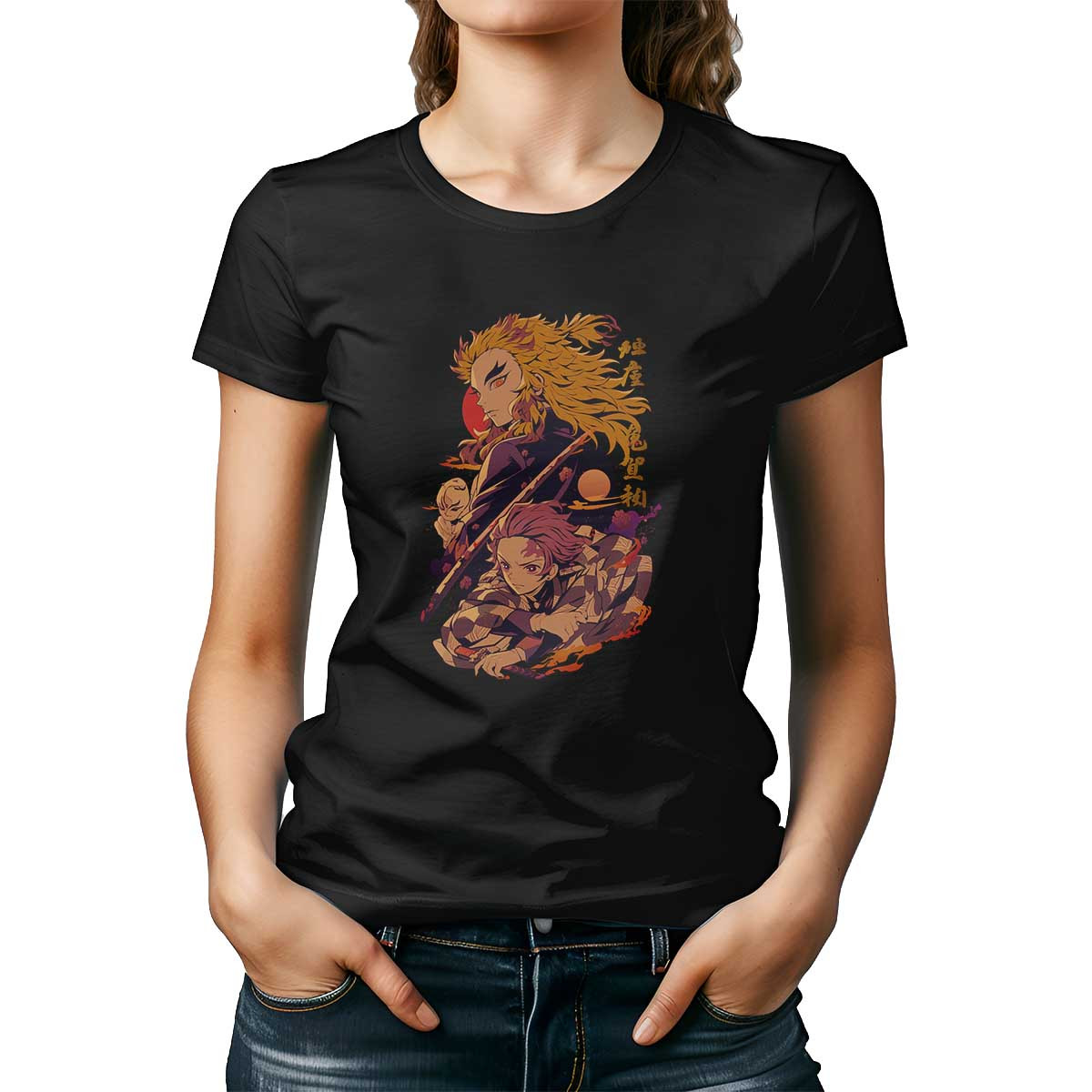 polera-mujer-arte-gr-fico-demonio-akaza-y-luna-sobre-fondo-negro
