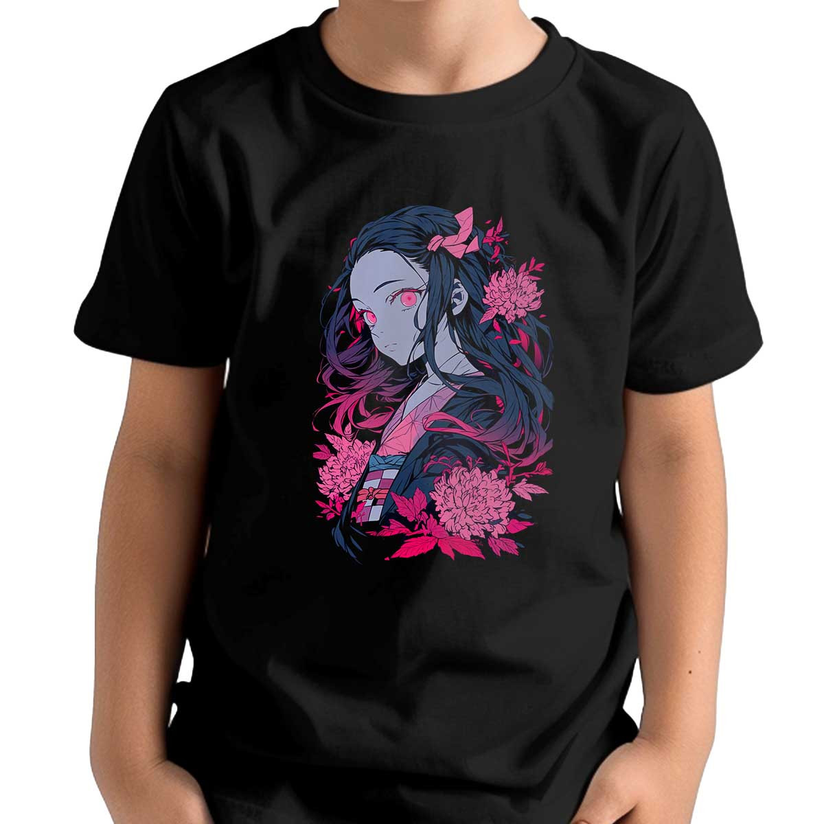 polera-ni-os-dise-o-nezuko-kamado-flores-rosadas