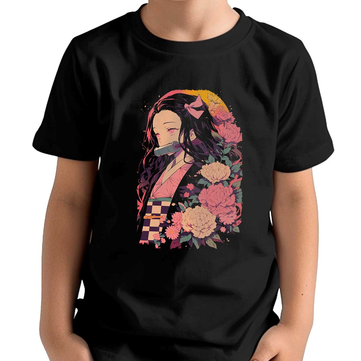 polera-ni-os-estampado-nezuko-kamado-flores-rosas