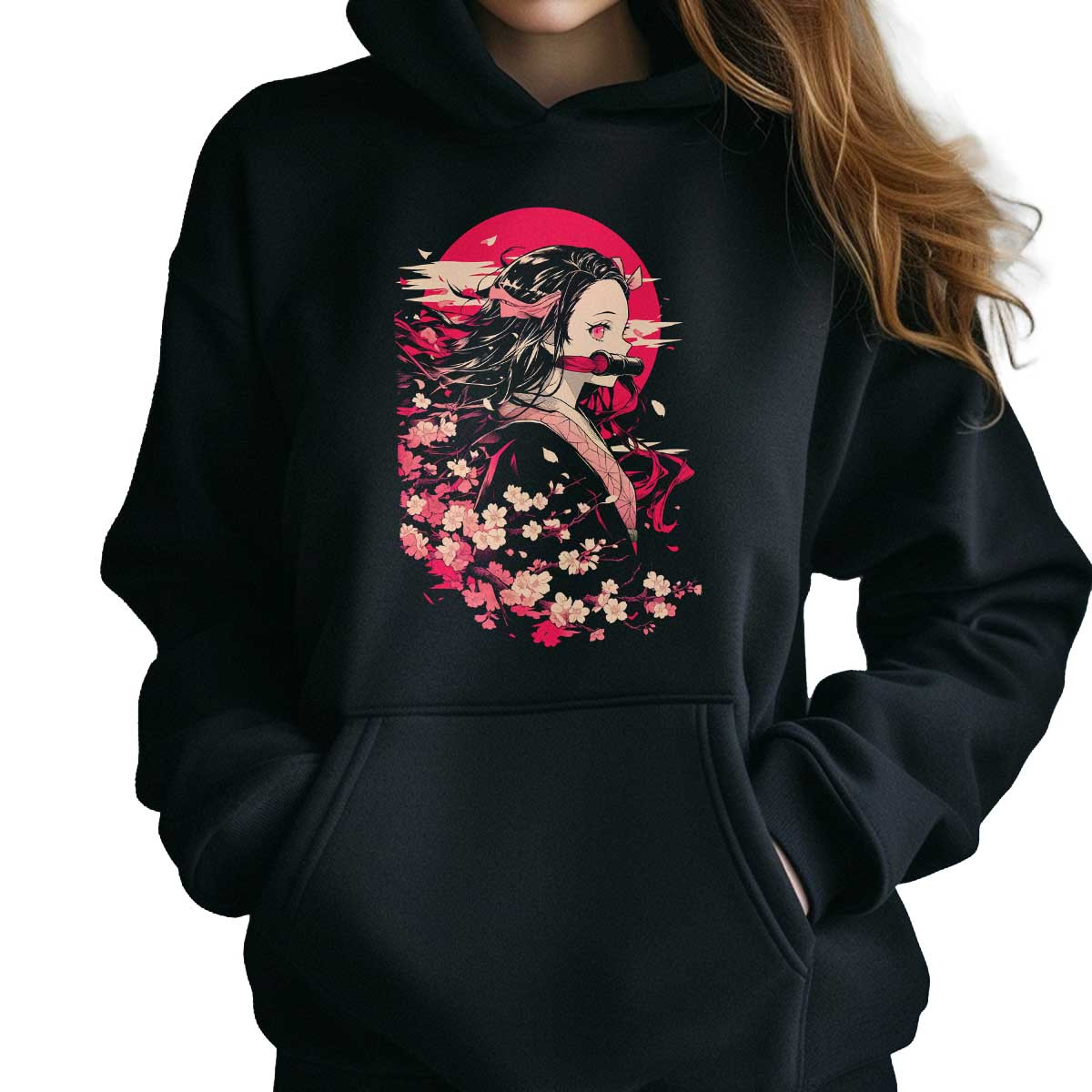 poleron-anime-equilibrio-visual-nezuko-kamado-flores-cerezo