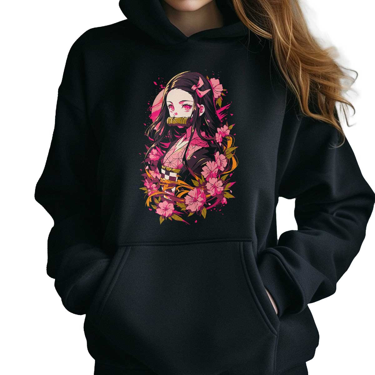 poleron-anime-estilo-nezuko-kamado-flores-rosas