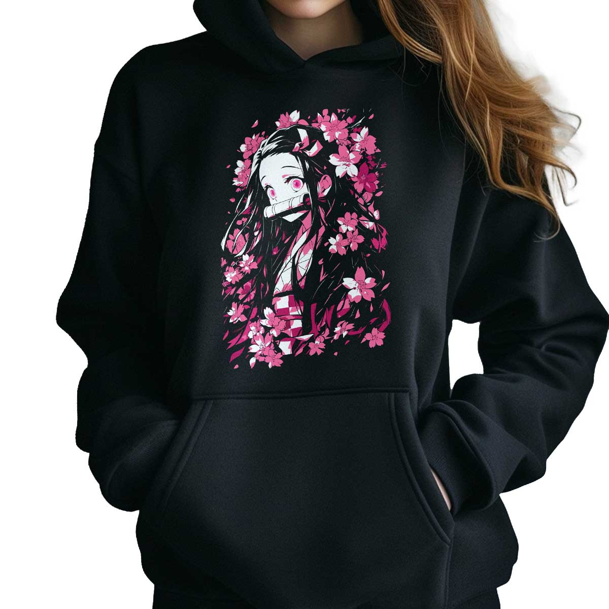 poleron-anime-mujer-estampada-frontal-nezuko-kamado-flores-rosadas