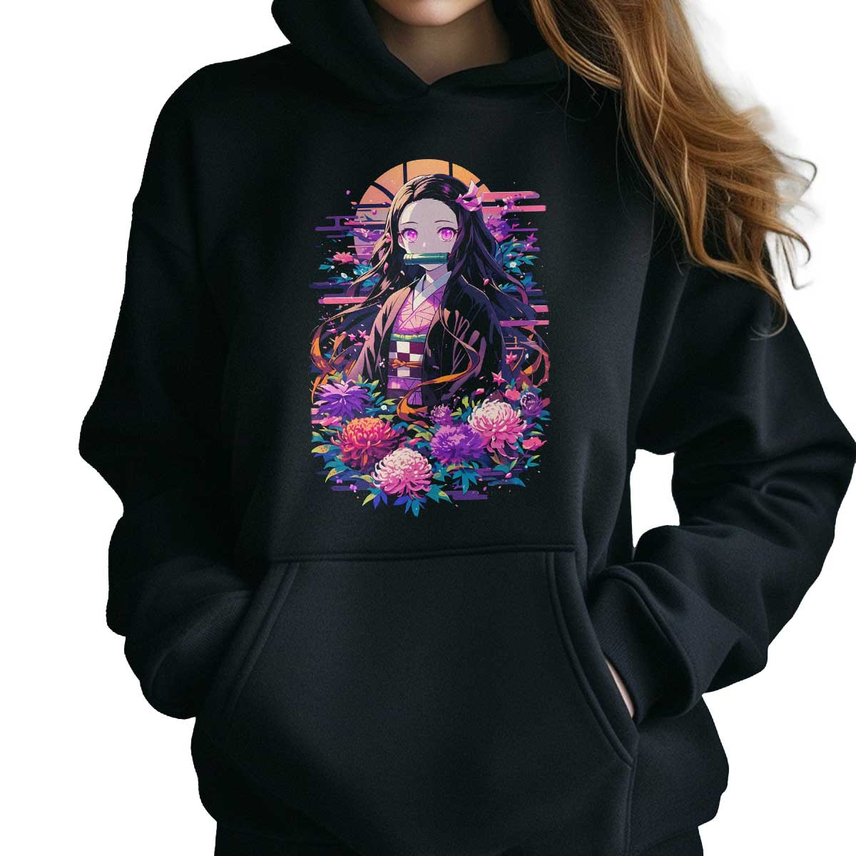 poleron-anime-mujer-estampada-nezuko-kamado-flores-rosadas
