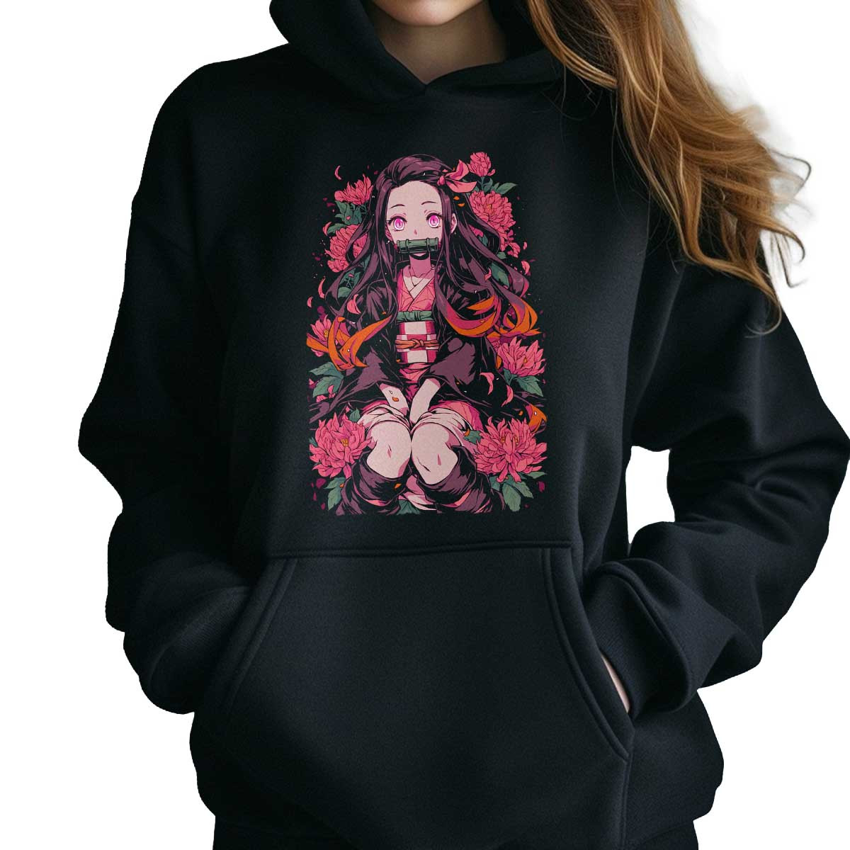 poleron-anime-nezuko-kamado-pink-flowers