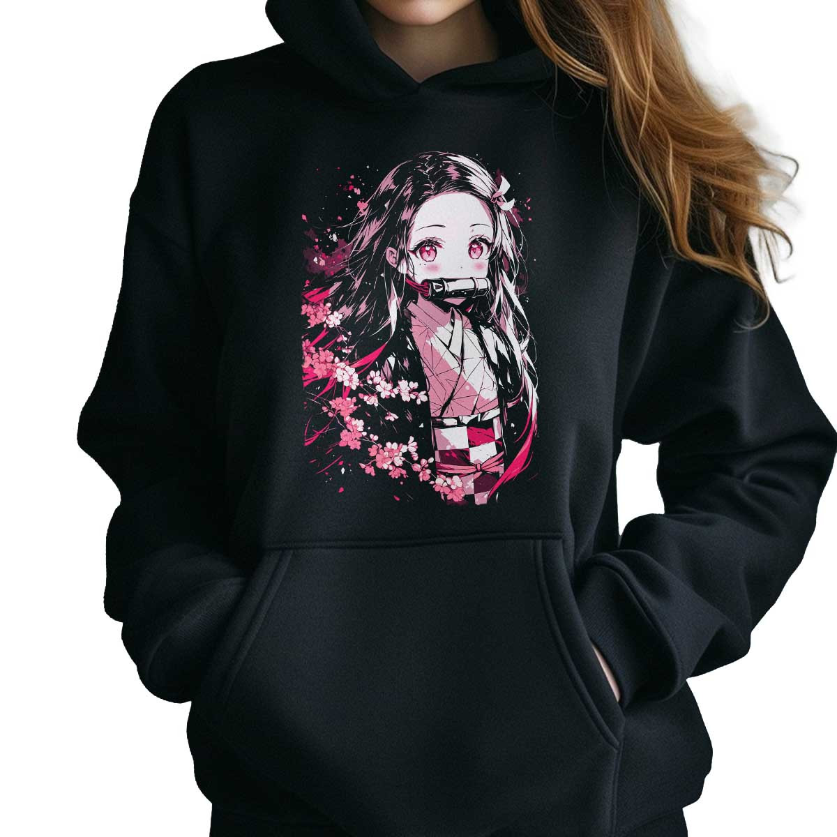 polerones-anime-mujer-nezuko-kamado-flores-cerezo