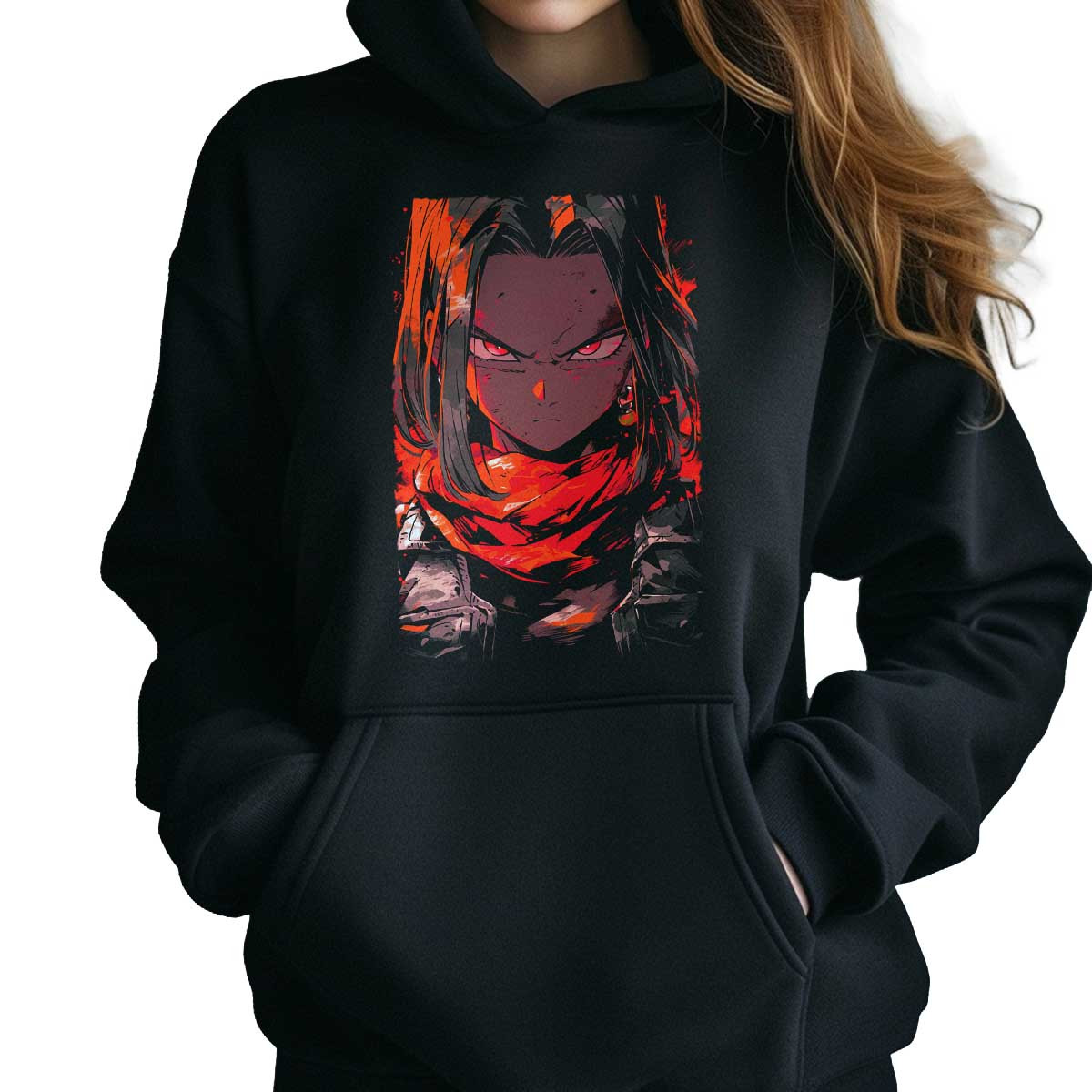 hoodie-anime-android-17-full-power-en-negro-y-coral
