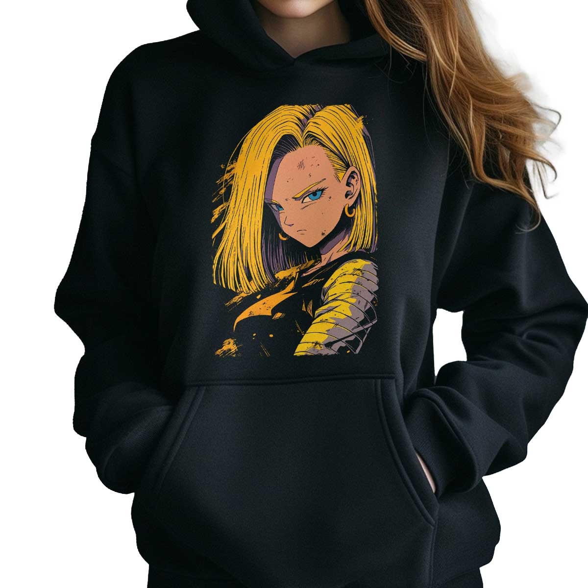hoodie-anime-android-18-closeup-en-colores-milky-y-mostaza