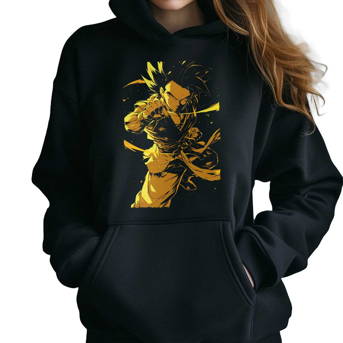 hoodie-anime-de-goten-en-pose-de-lucha-en-colores-mostaza-y-bronce