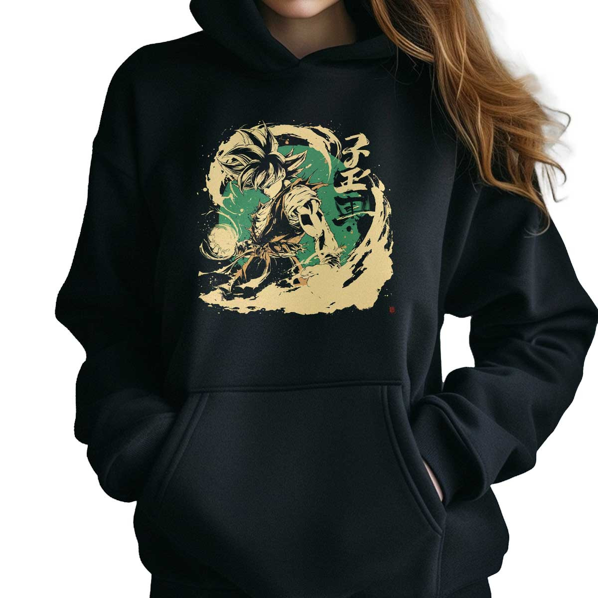 hoodie-anime-goku-en-l-nea-con-nube-nimbus-en-colores-beige-y-verde