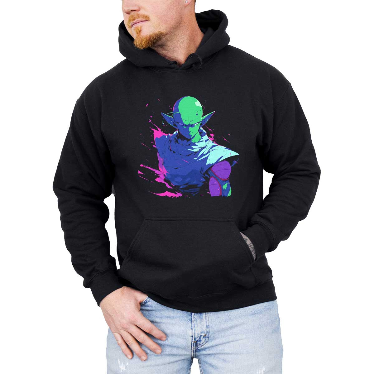 hoodie-anime-hombre-piccolo-con-mirada-determinada-en-colores-azul-y-rosa-pallidez