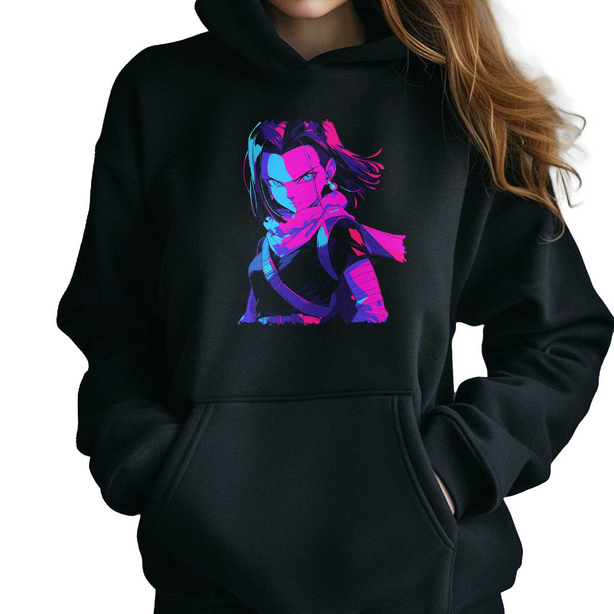 hoodie-anime-mujer-android-17-en-baby-pink-y-azul-cobalto