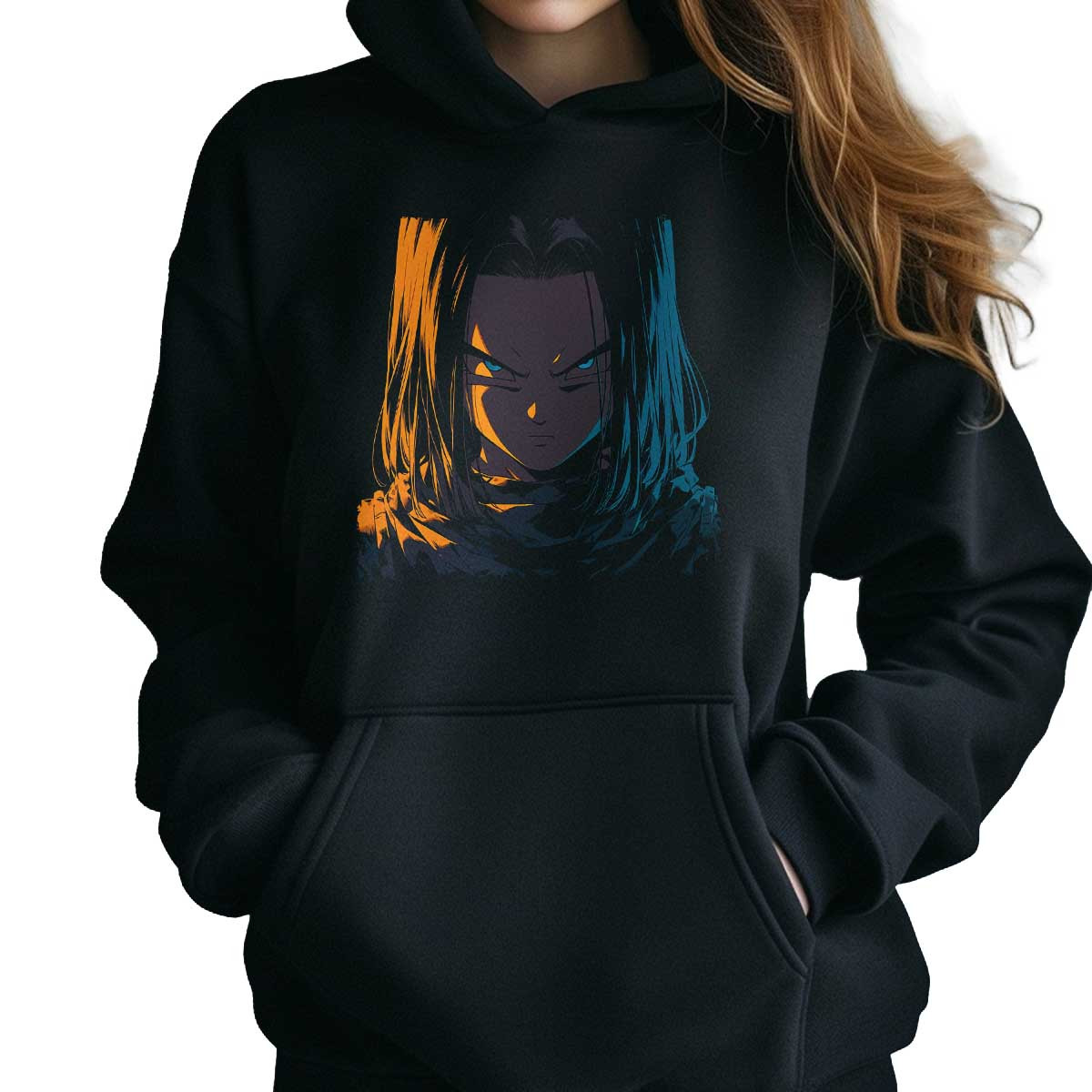 hoodie-anime-mujer-android-17-en-ma-z-y-xido-con-mirada-determinada