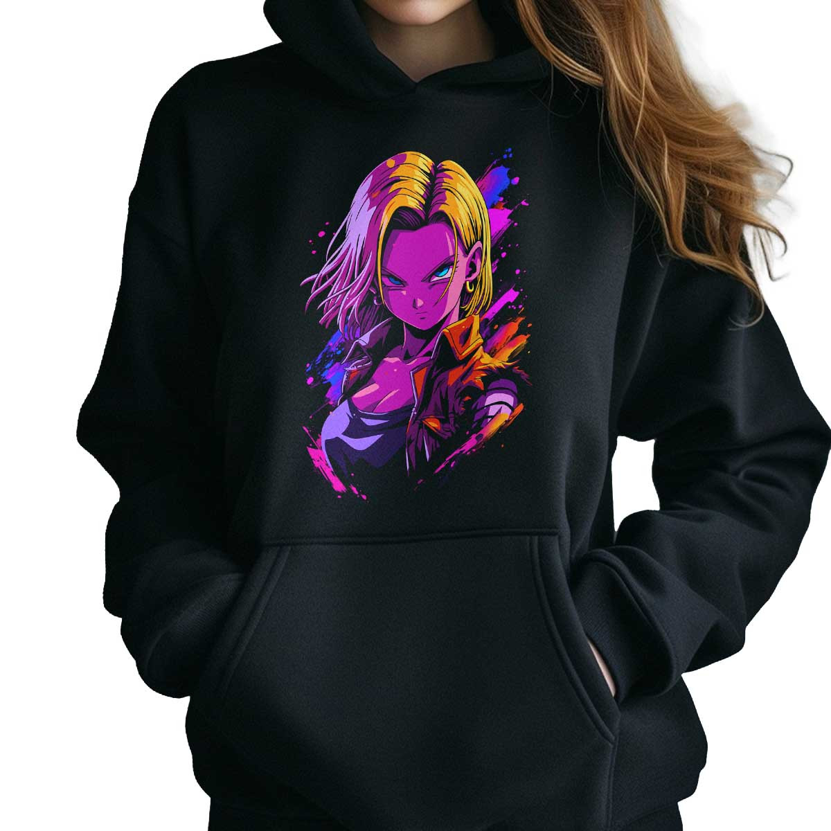 hoodie-anime-mujer-android-18-en-caramelo-y-ciruela