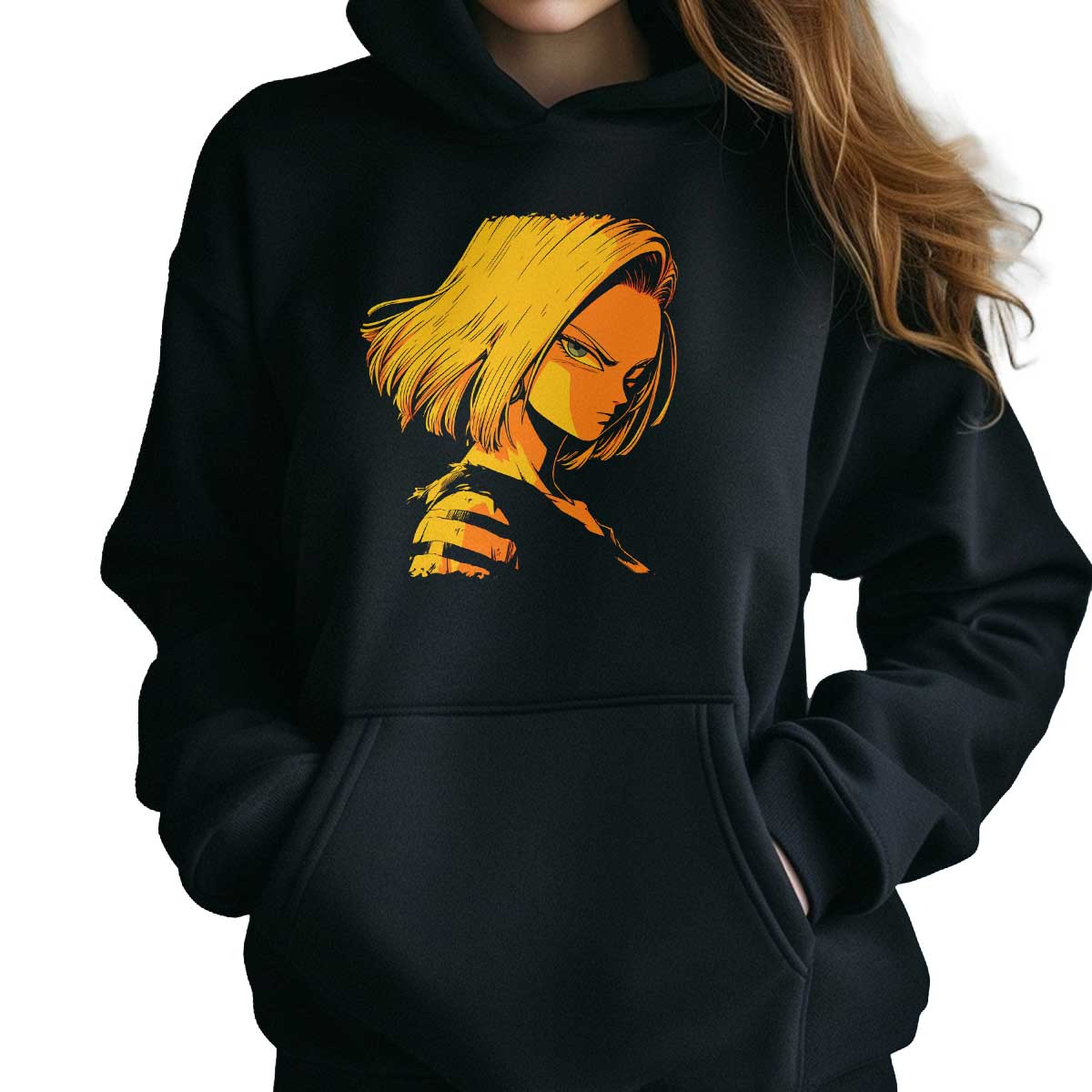 hoodie-anime-mujer-android-18-en-closeup-en-colores-canario-y-coral