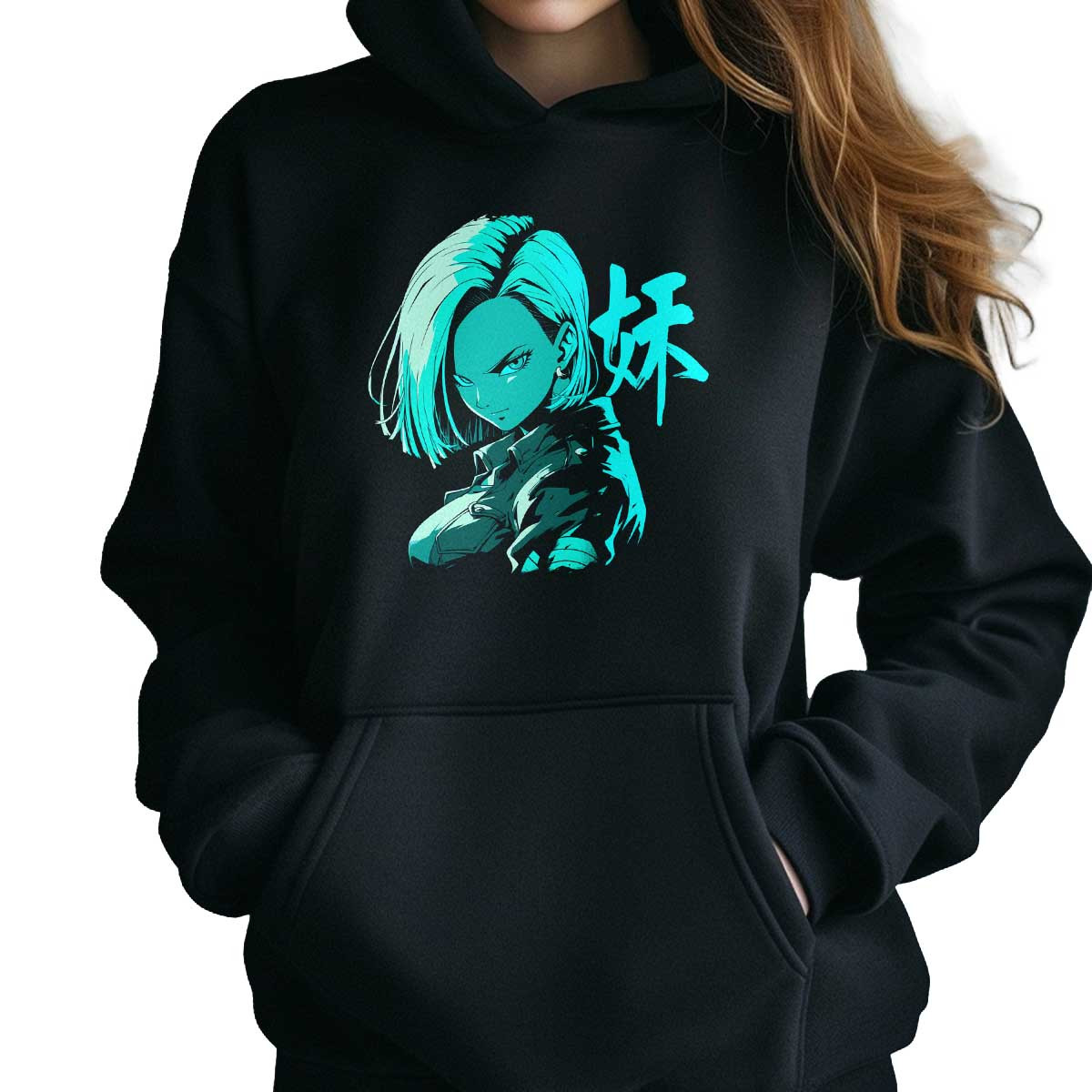 hoodie-anime-mujer-android-18-estilo-tinta-en-turquesa-y-negro