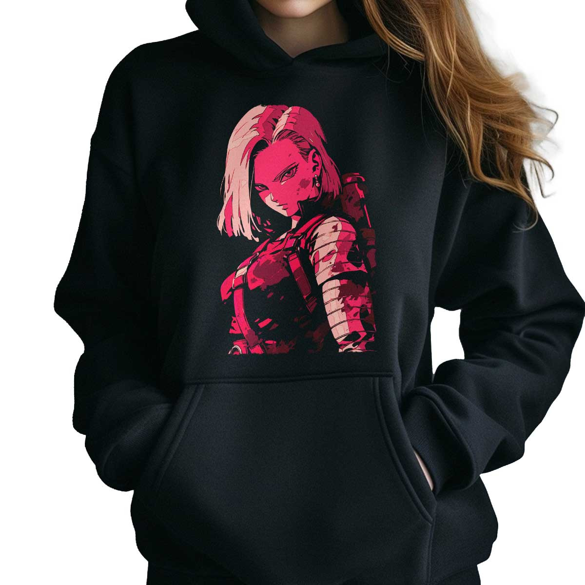 hoodie-anime-mujer-android-18-mirada-determinada-en-rojo-carmes-y-rosa-f-33