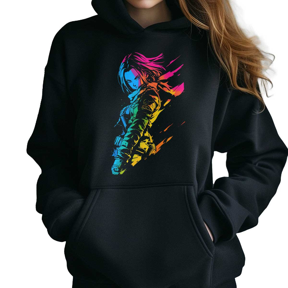 hoodie-anime-mujer-dragon-ball-android-17-silueta-luminosa-spectrum-brillo