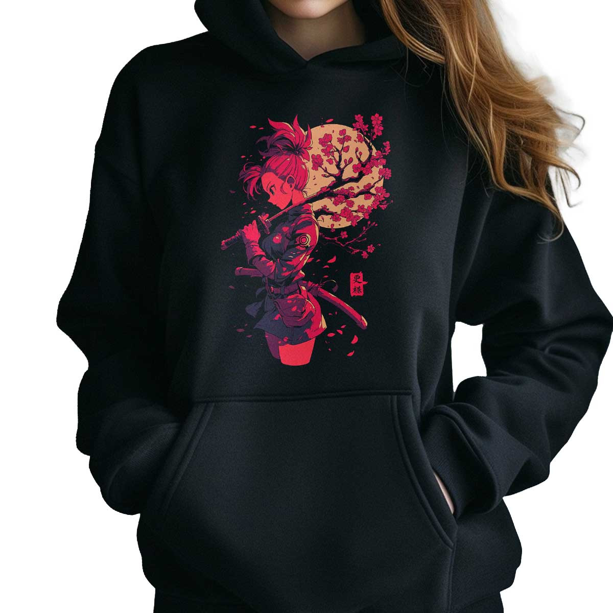 hoodie-anime-mujer-estampada-bulma-flores-cerezo-en-rojo-y-negro-03