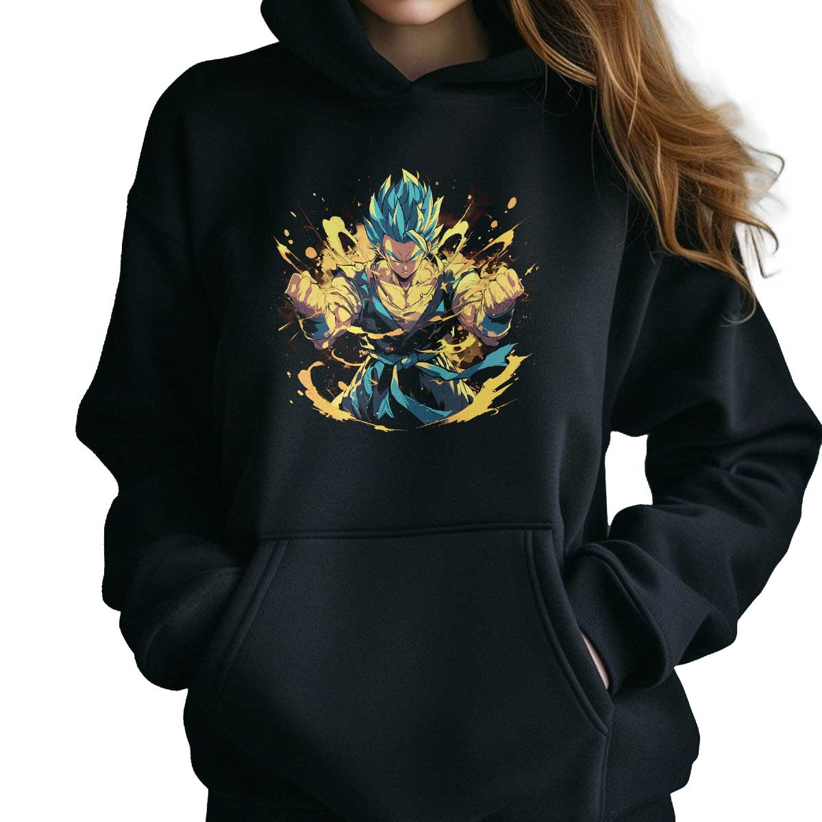 hoodie-anime-mujer-gohan-fighting-en-colores-ladrillo-y-aguamarina