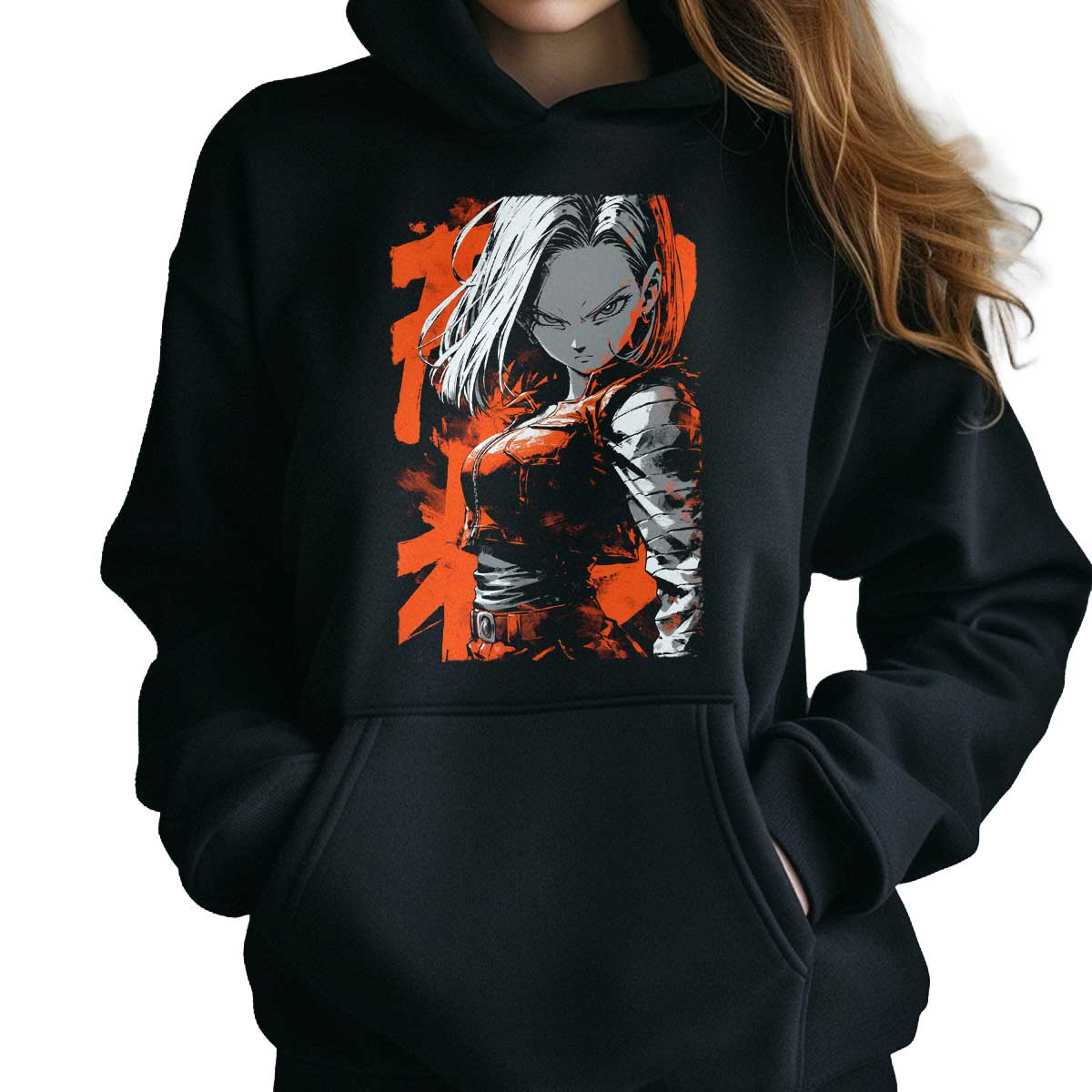 hoodie-anime-naranja-quemado-detalle-android-18-estilo-tinta